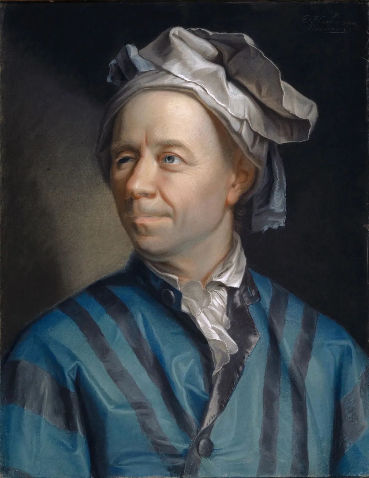A pastel portrait of a man in a soft white cap and a blue striped coat with a white cravat, turned three-quarters towards the viewer against a dark background.