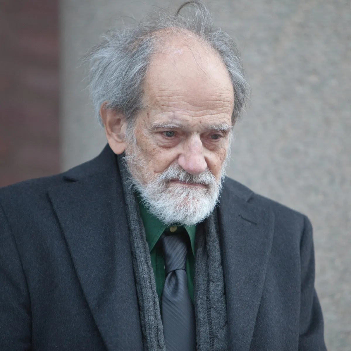 A colour photograph of an elderly man with a white beard and untidy grey hair, in a dark overcoat, scarf and tie, in front of a blurred pale wall.