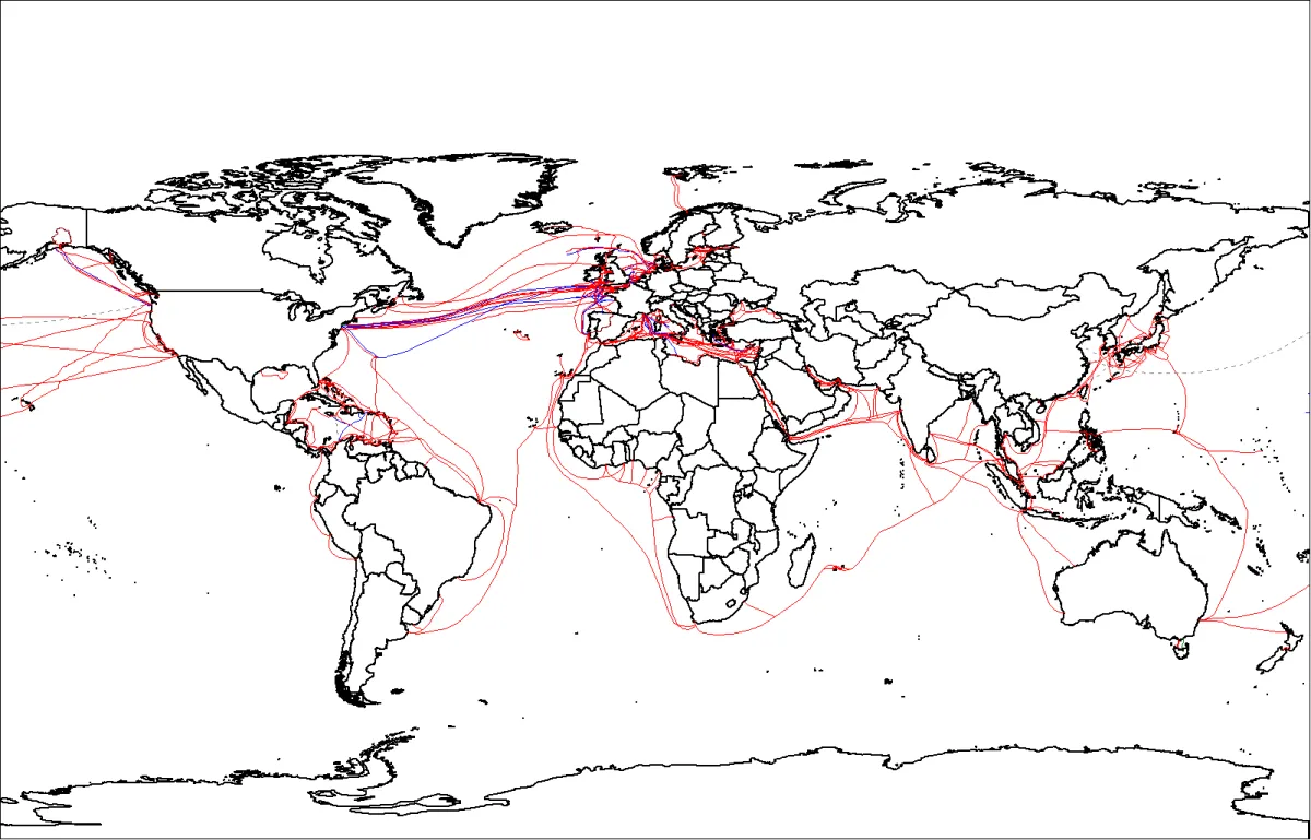 A world outline map crossed by thin red and blue lines running between coastal points across the Atlantic, Pacific and Indian oceans, with none in the Arctic or Antarctic.