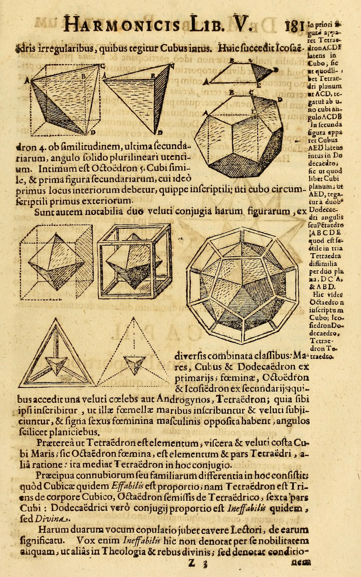 A page of Latin text from a seventeenth-century printed book, with small woodcuts of nested polyhedra set into the type.