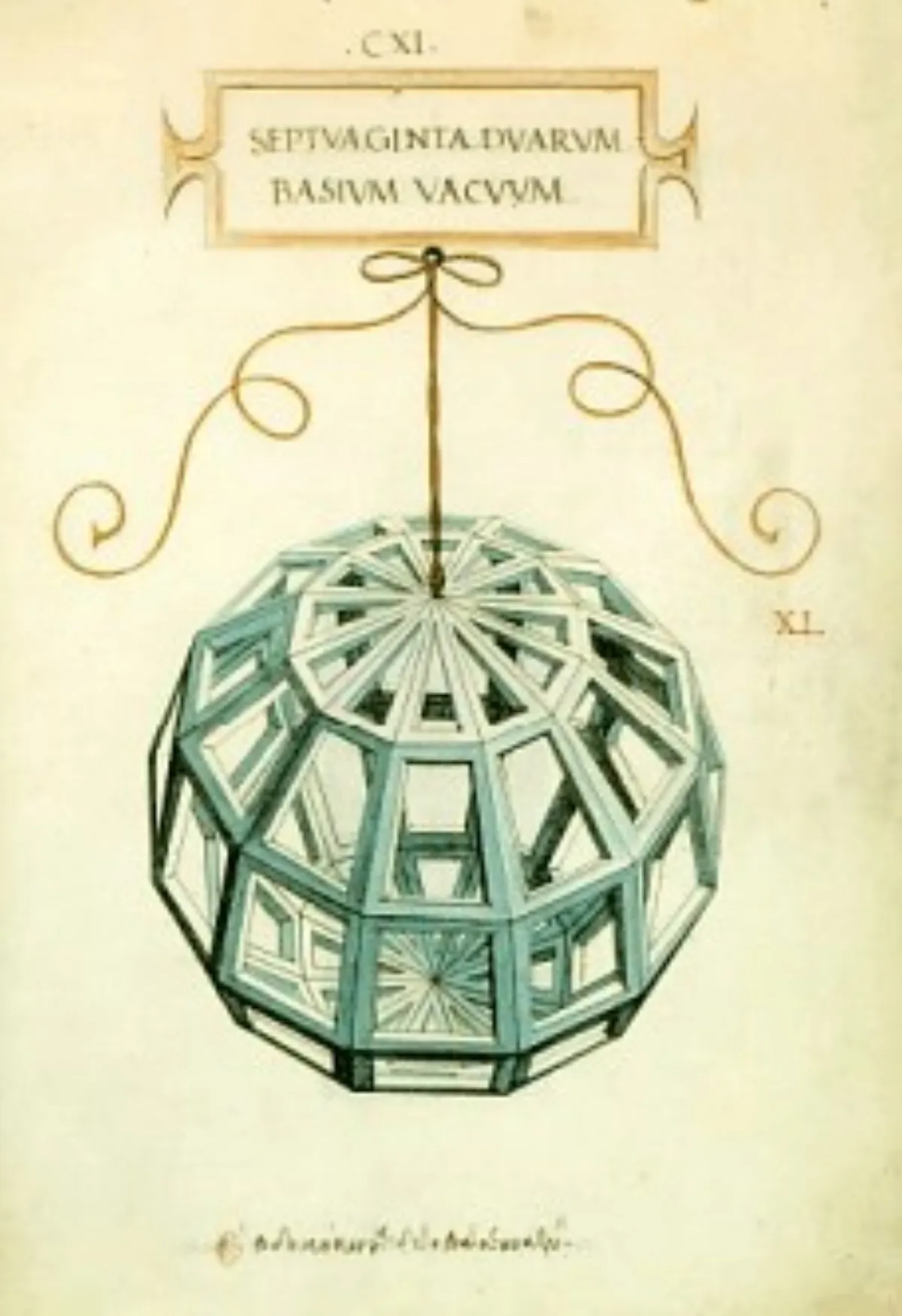 A hand-coloured drawing of a hollow many-faced polyhedron built from flat open struts, hanging from a looped cord beneath a Latin caption in a ruled panel.