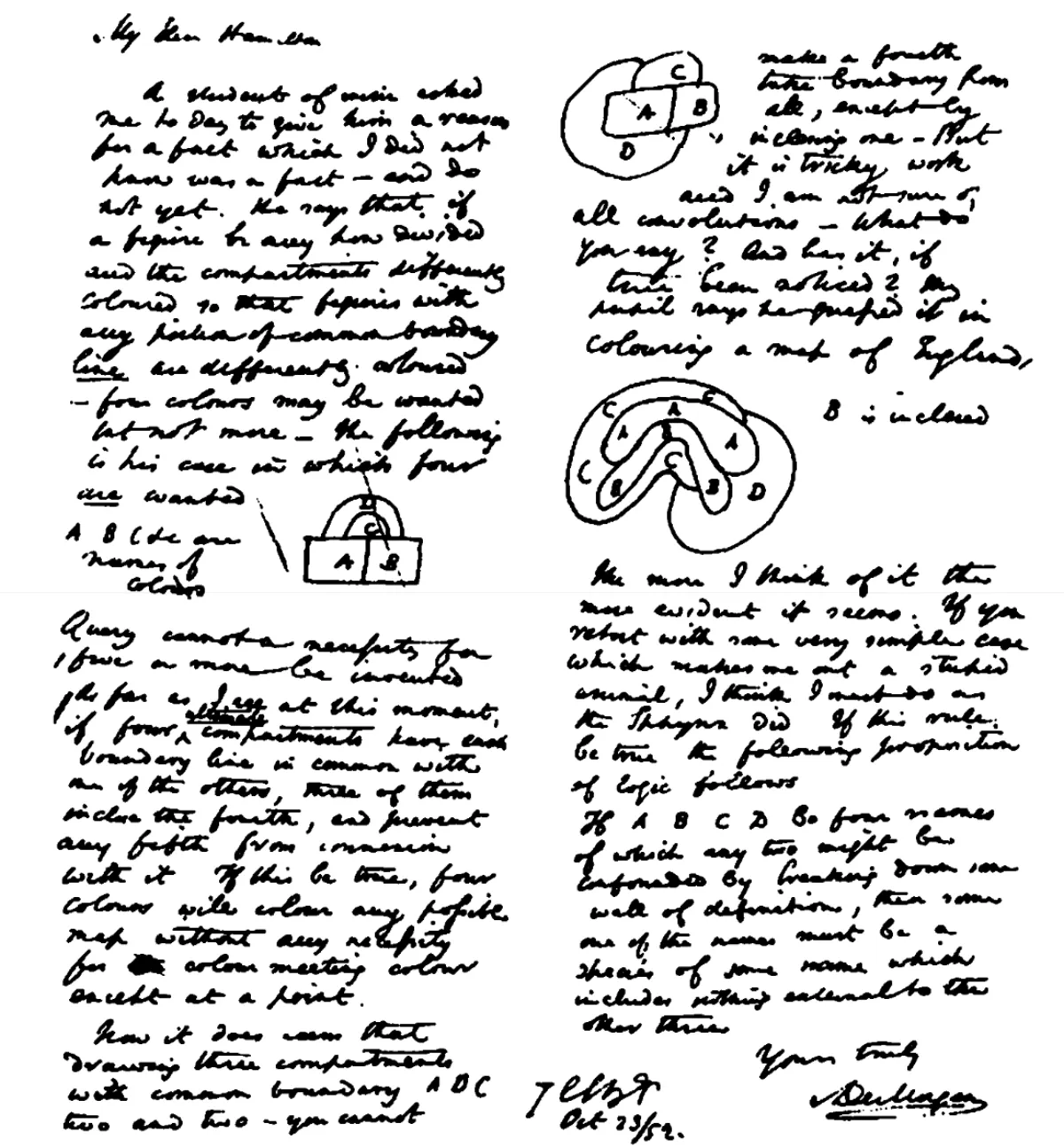 A page of dense nineteenth-century handwriting reproduced in high-contrast black and white, with small hand-drawn map diagrams set among the text.