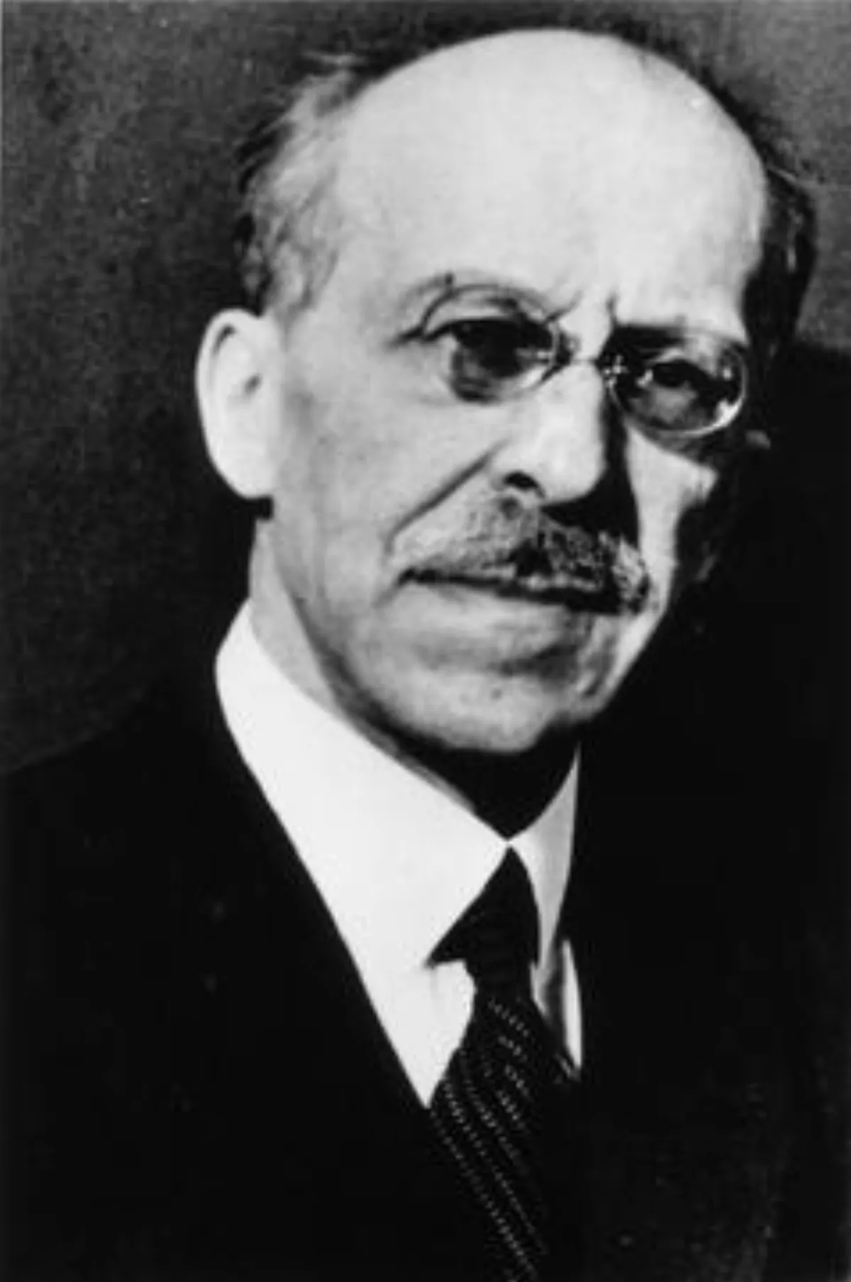 A grainy black-and-white portrait of a balding elderly man in oval wire-rimmed spectacles, with a heavy moustache, a dark suit and a white collar.