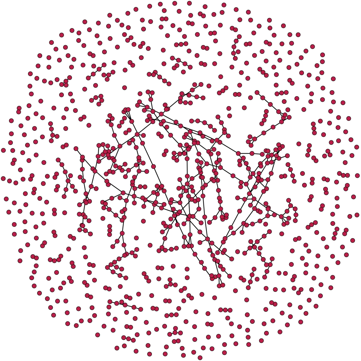 A ring of many separate dots surrounding a loose tangle of connected dots near the centre of a square field.