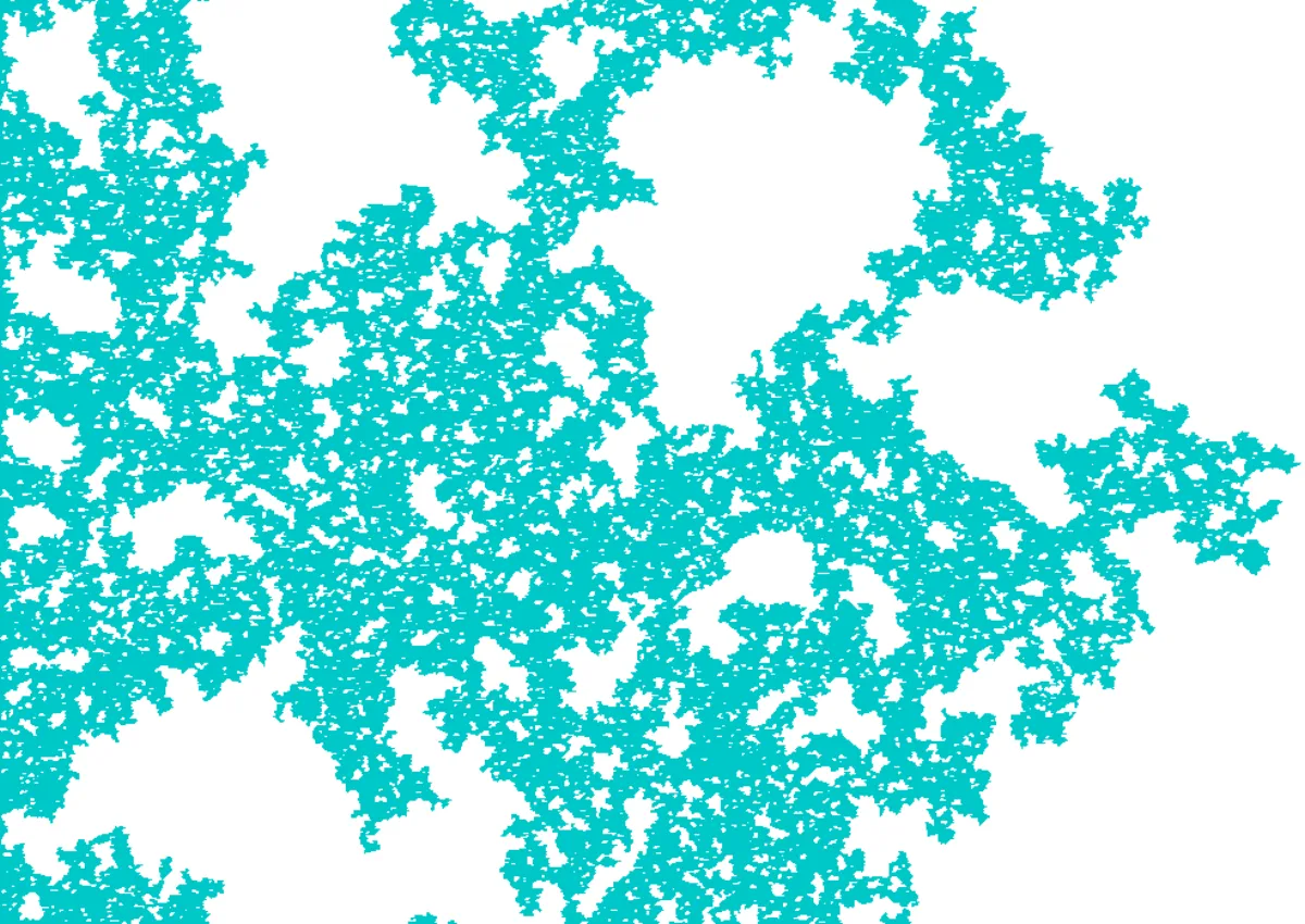 A large cyan shape on a white ground, ragged at every edge and pierced by holes of many different sizes.