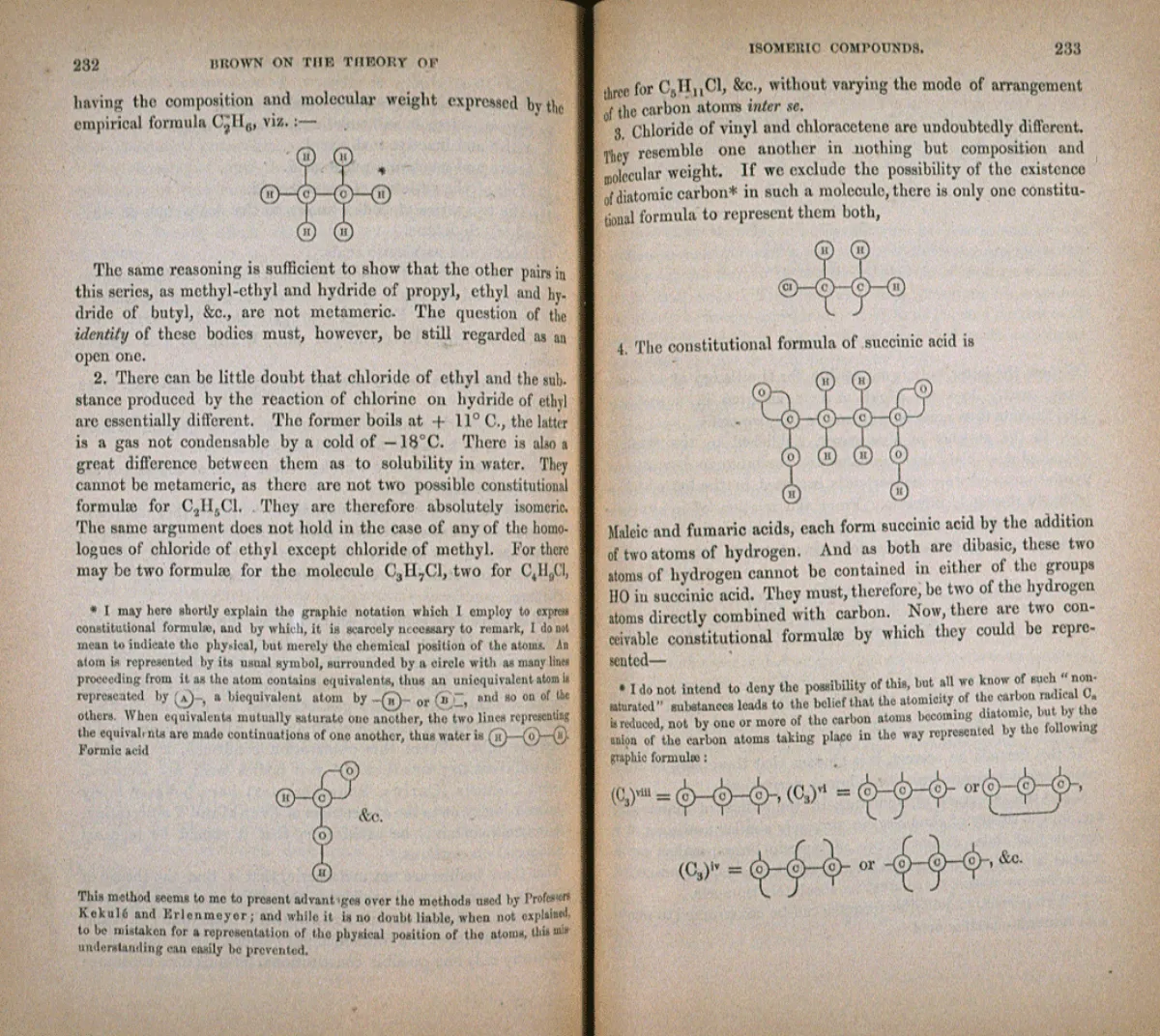 Two facing pages of an 1860s chemistry journal, numbered 232 and 233, in dense letterpress with long footnotes and several inset diagrams.