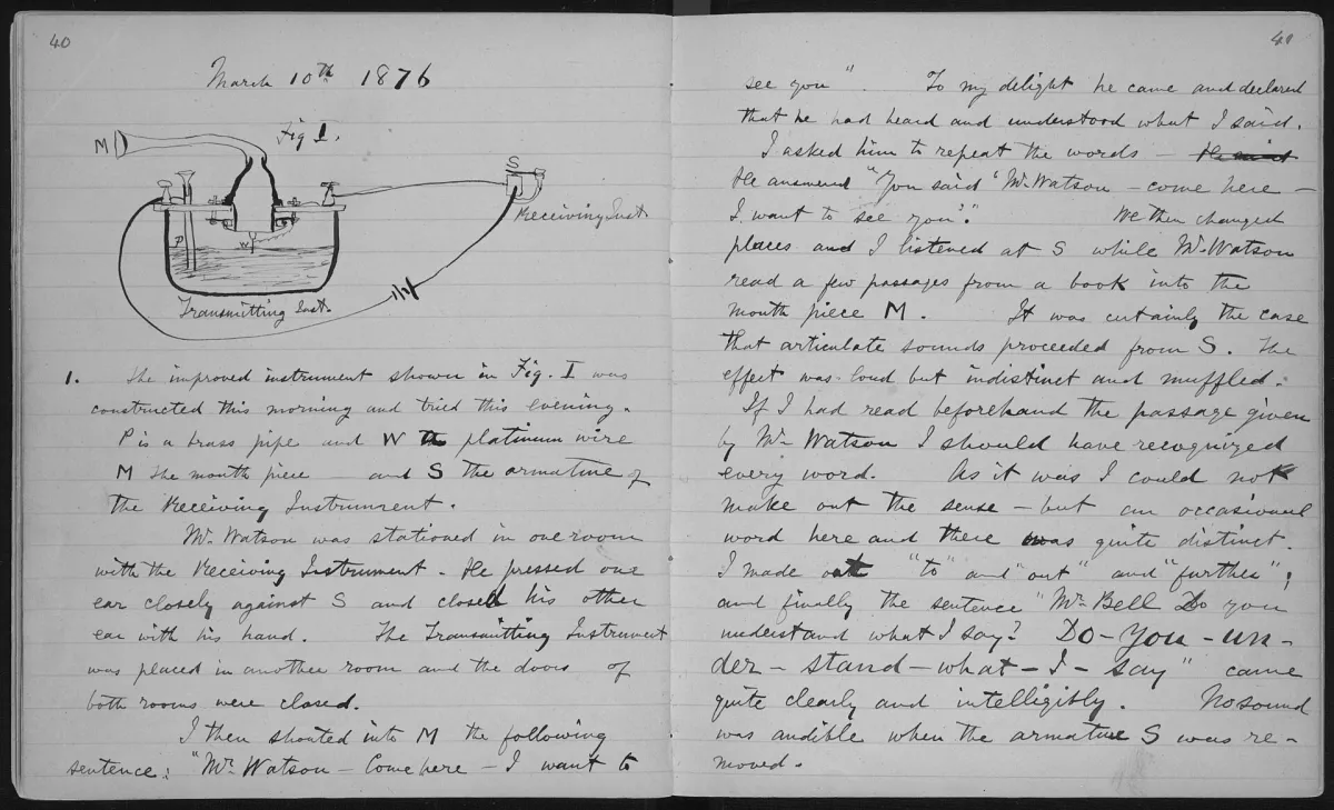 An open two-page spread of a handwritten notebook with an ink diagram of two instruments on the left page.