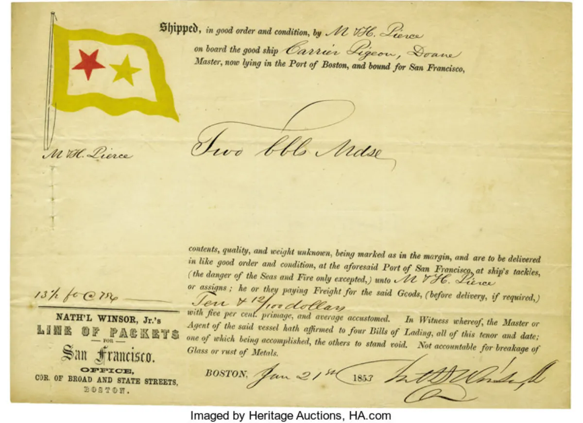 A hand-completed printed shipping form from 1853, with a small hand-coloured flag drawn in the left margin.