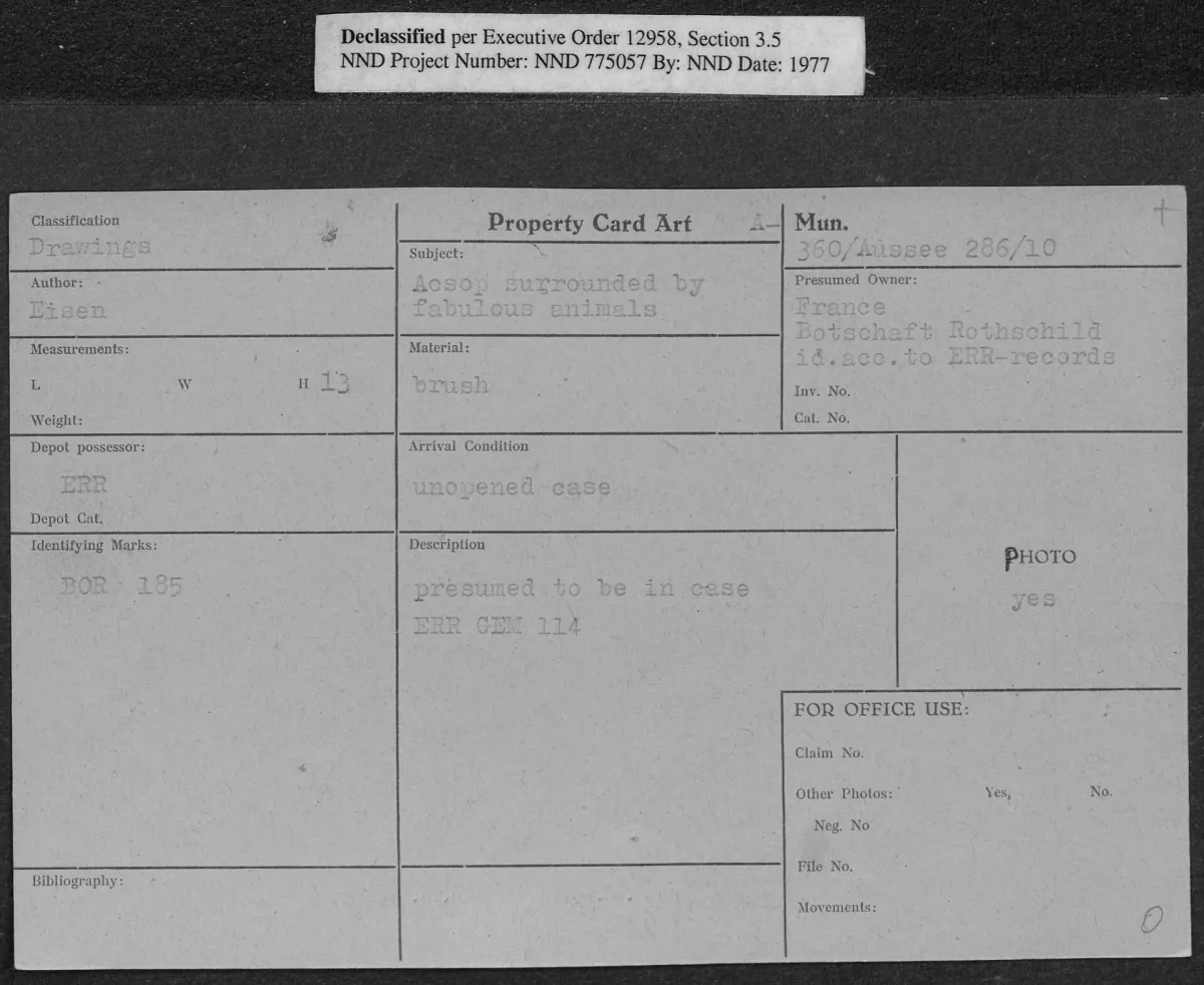 A typed catalogue card with ruled boxes for a work of art's details, carrying a stamp across the top.